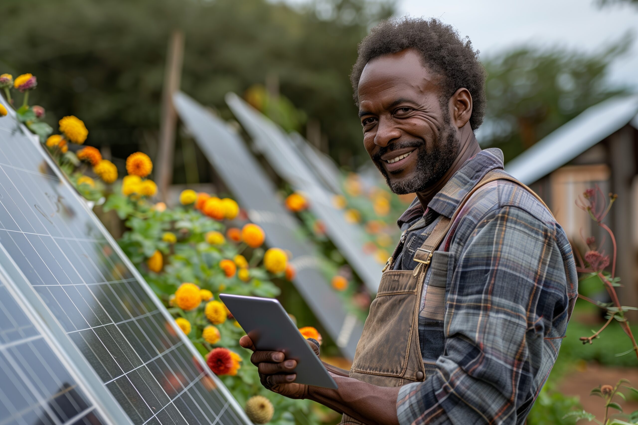 man smiles while using tablet among solar panels and flowers on sunny day