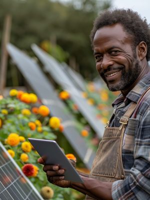 man smiles while using tablet among solar panels and flowers on sunny day